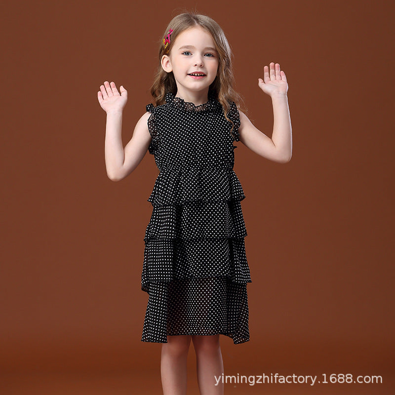 Girls' polka dot black ruffle dress, kids' sundress, ages 3-12, korean style summer new arrival