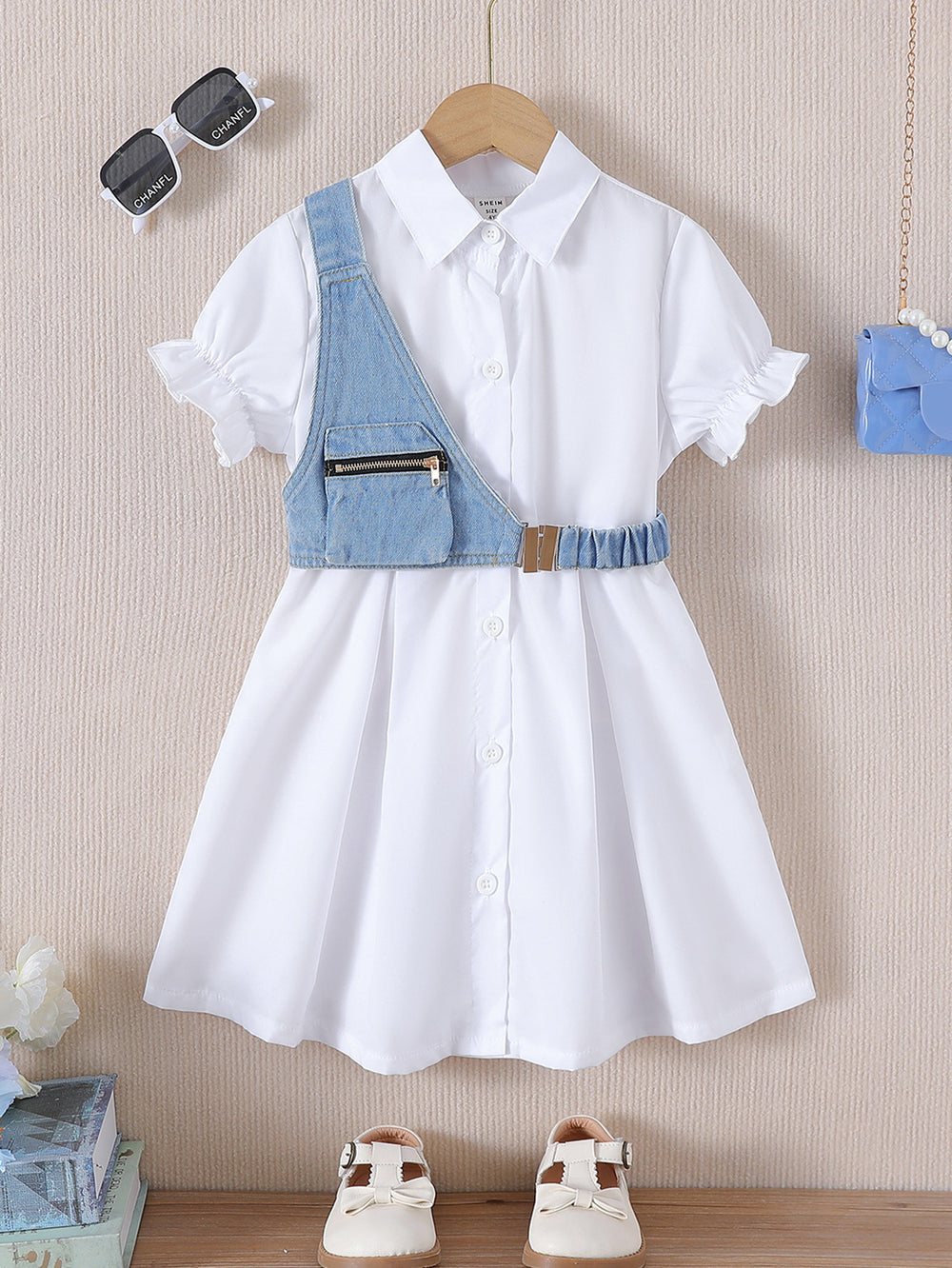 spring/summer children's export lapel shirt dress for girls, denim vest two-piece set