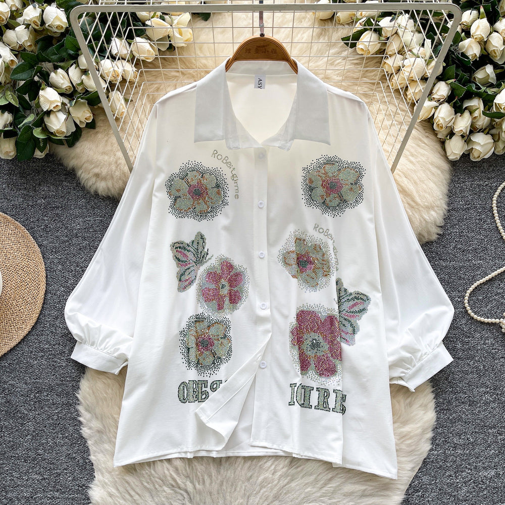 European and american lantern sleeve polo shirt for women - autumn loose fit, rhinestone embellished, designer style, mature and chic top