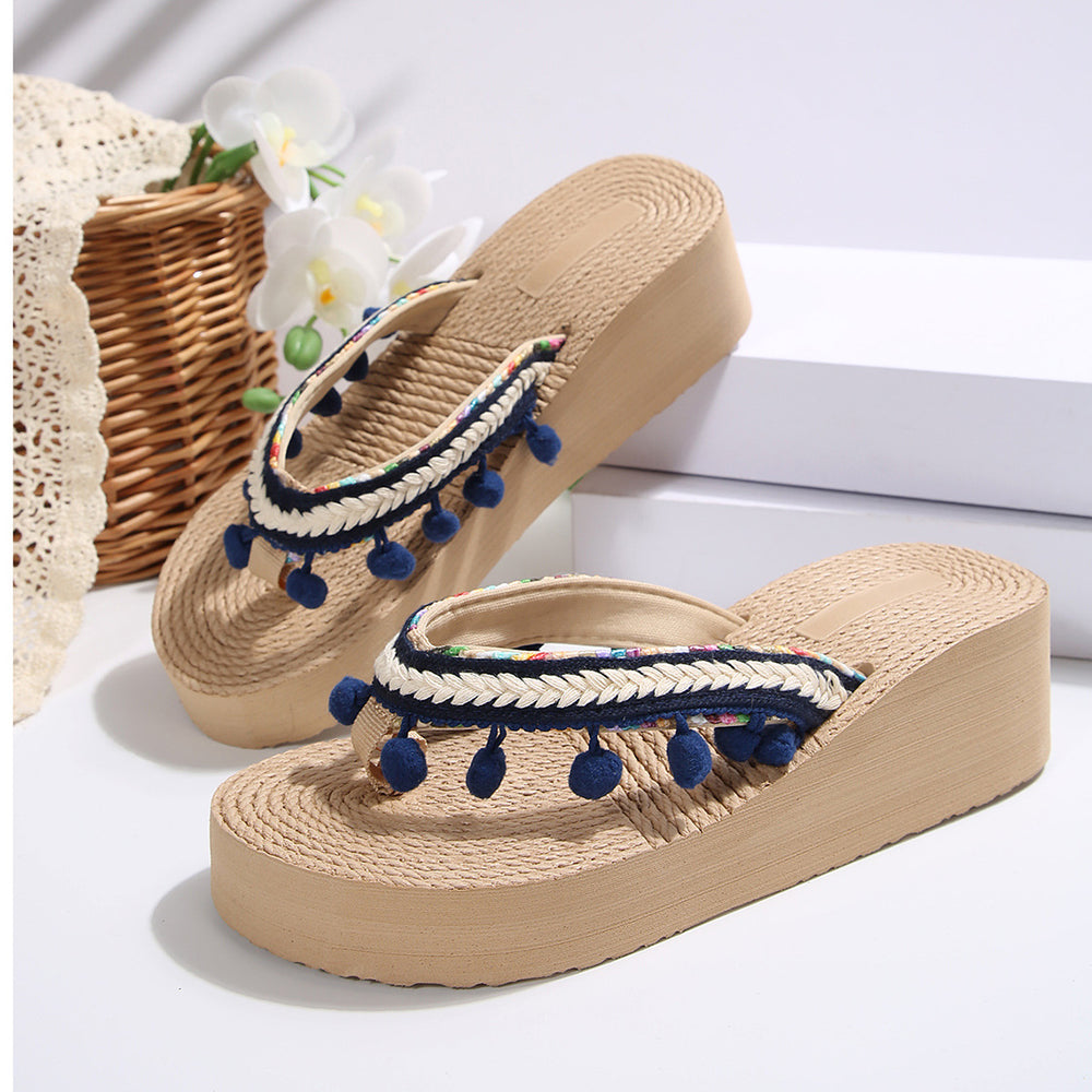 plus size beach slippers women's summer outwearthick sole high heel sandals women's tassel wedge bohemia flip-flops