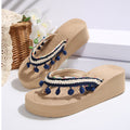 plus size beach slippers women's summer outwearthick sole high heel sandals women's tassel wedge bohemia flip-flops