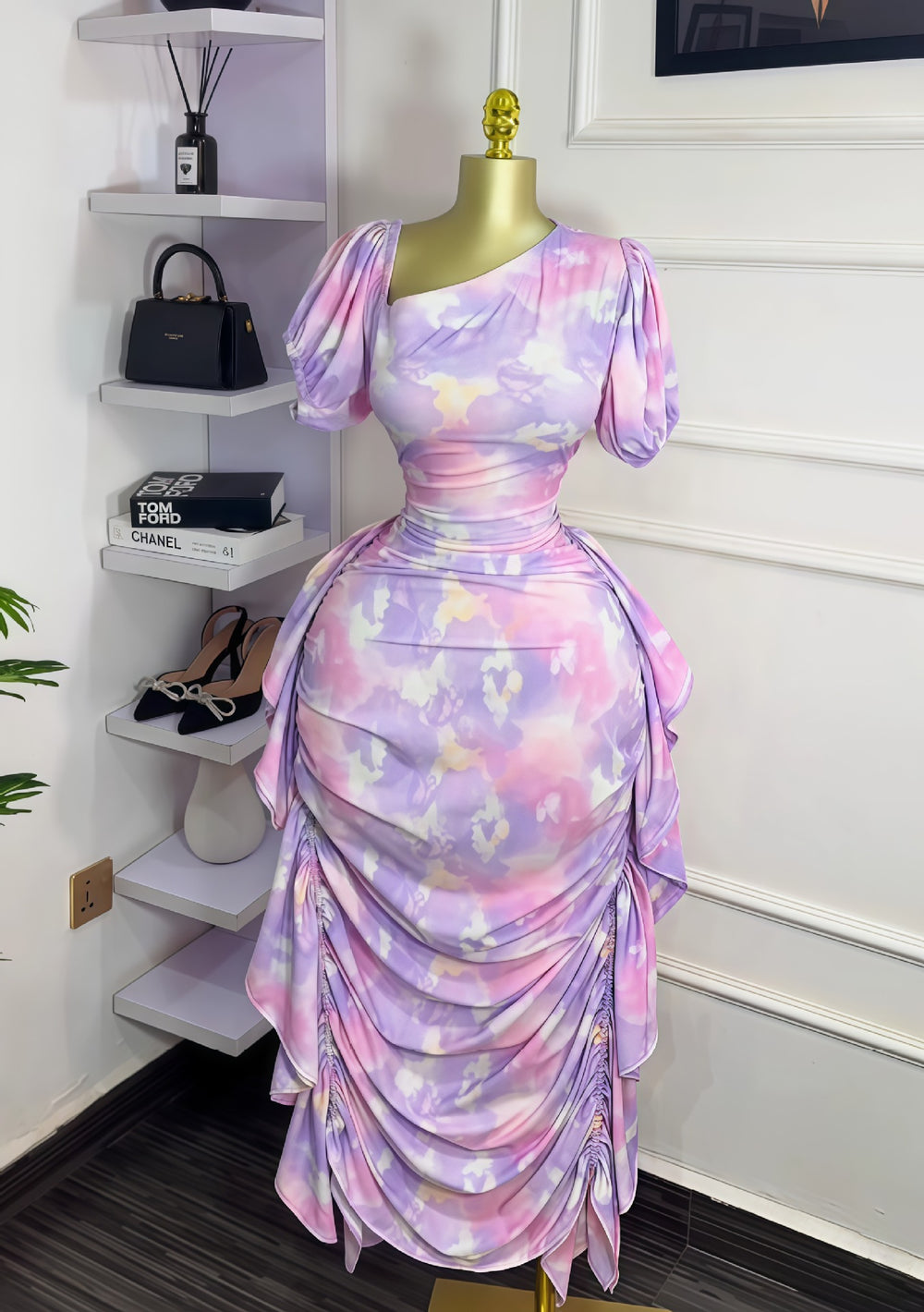European and american cross-border women's fashion:  early autumn new arrival - bubble sleeve, asymmetrical neckline, printed ruffle trim, bodycon elegant dress