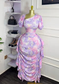 European and american cross-border women's fashion:  early autumn new arrival - bubble sleeve, asymmetrical neckline, printed ruffle trim, bodycon elegant dress