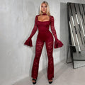 European and american cross-border  fall/winter new fashion sexy hollow-out flare sleeve lace jumpsuit pants wholesale for export