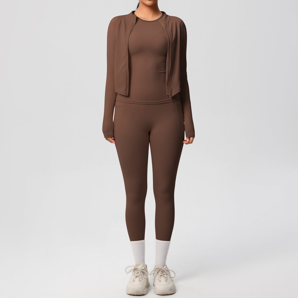 European and american new cloud-feel brushed short-sleeve activewear set: zip-up jacket, casual running top, and butt-lifting yoga leggings - women's 3-piece set