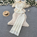 Korean style commute-inspired hollow knit minimalist two-piece set for women - summer v-neck, waist-defining, slimming outfit