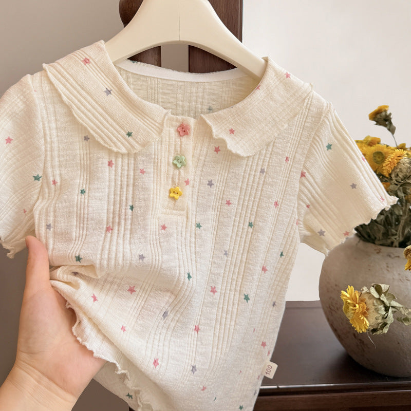 Korean style girls' new summer all-over star print short-sleeve t-shirt top - stylish and trendy for baby girls and children