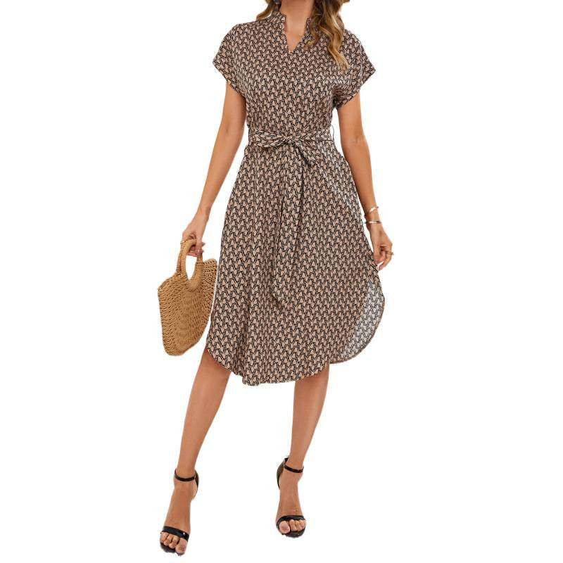 cross-border all-over print batwing sleeve drawstring dress