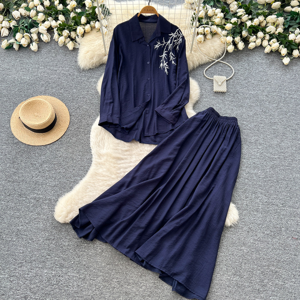 Gentle and lazy style stereo flower embroiderlong sleevesshirt suspender skirttwo-piece setfemaleautumslimming lookelegant