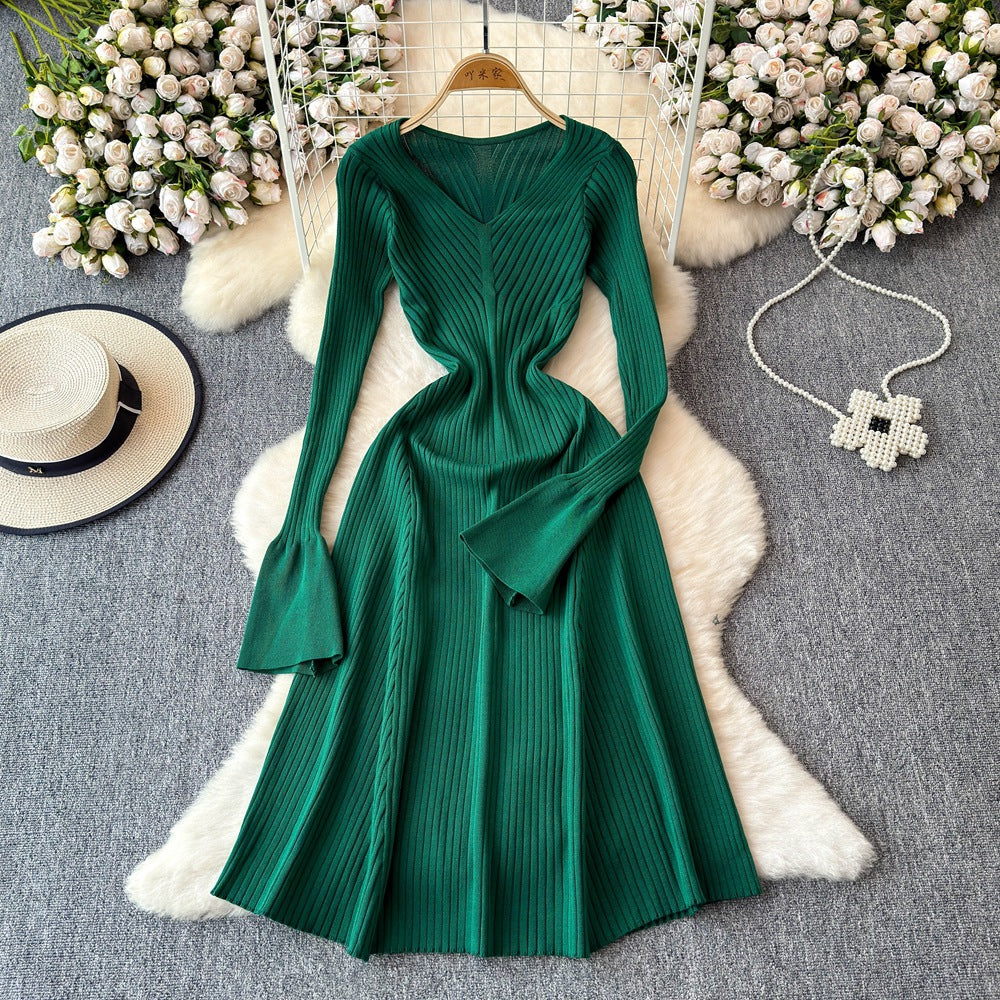 fall/winter new arrival: solid color slim-fit long sleeve knit a-line midi dress - women's base layer