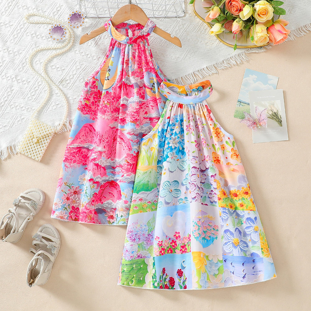 Exportgirldresshalter sleeveless oil painting style printing sling k-style vacationkidssummer vest skirt