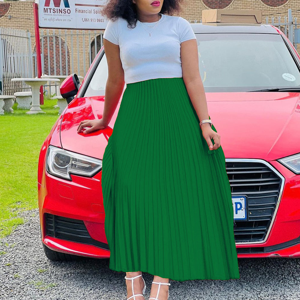 D3175plus size women's clothing  autumn new arrivalpure color high waist large skirt long skirt plus size european and american pleated skirt