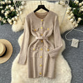 French chic chanel-inspired round neck cardigan knit dress - women's fitted waist inner layer sweater dress