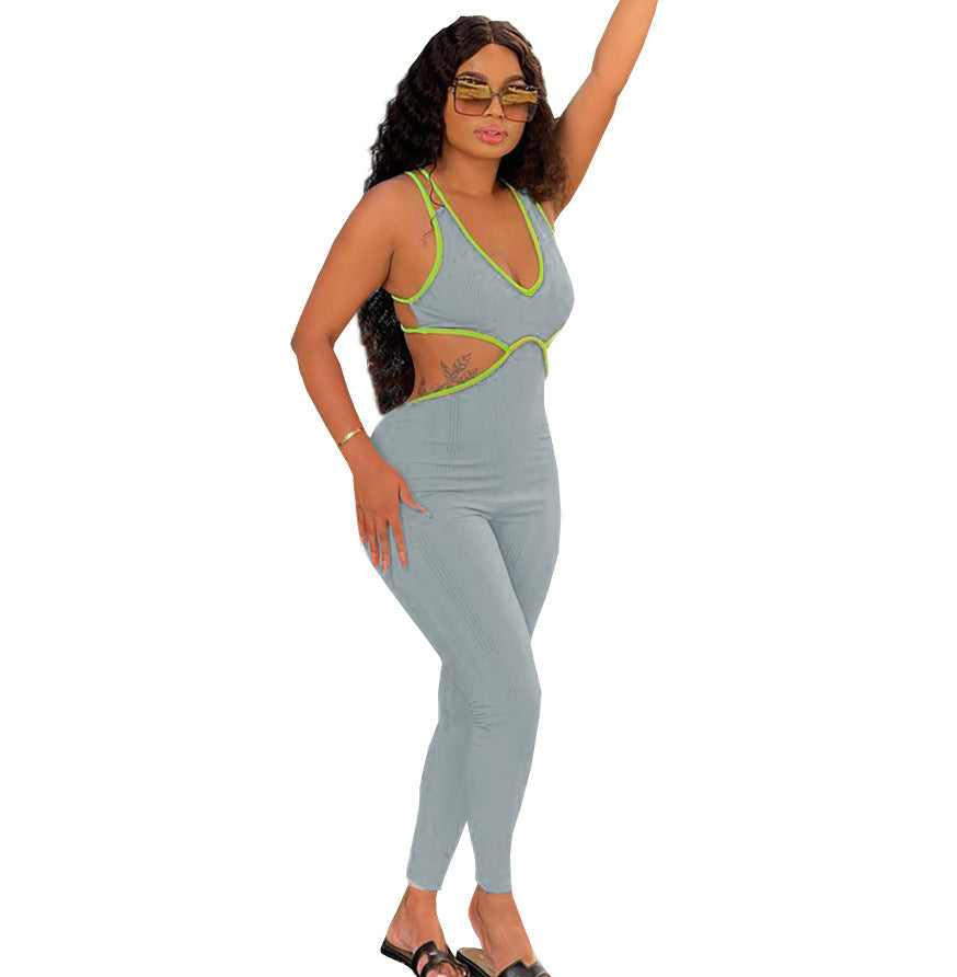 Fashionexport women's clothing  cross-border supply summer hot-selling fashion sexy suspender pit strip pure color jumpsuit