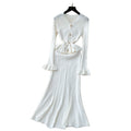 autumn collection: french chic, high-end, niche v-neck long sleeve ruffle trim patchwork cinched waist knit dress for women
