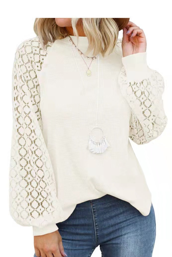 new cross-border  autumn/winter round neck long sleeve lace patchwork loose top for women