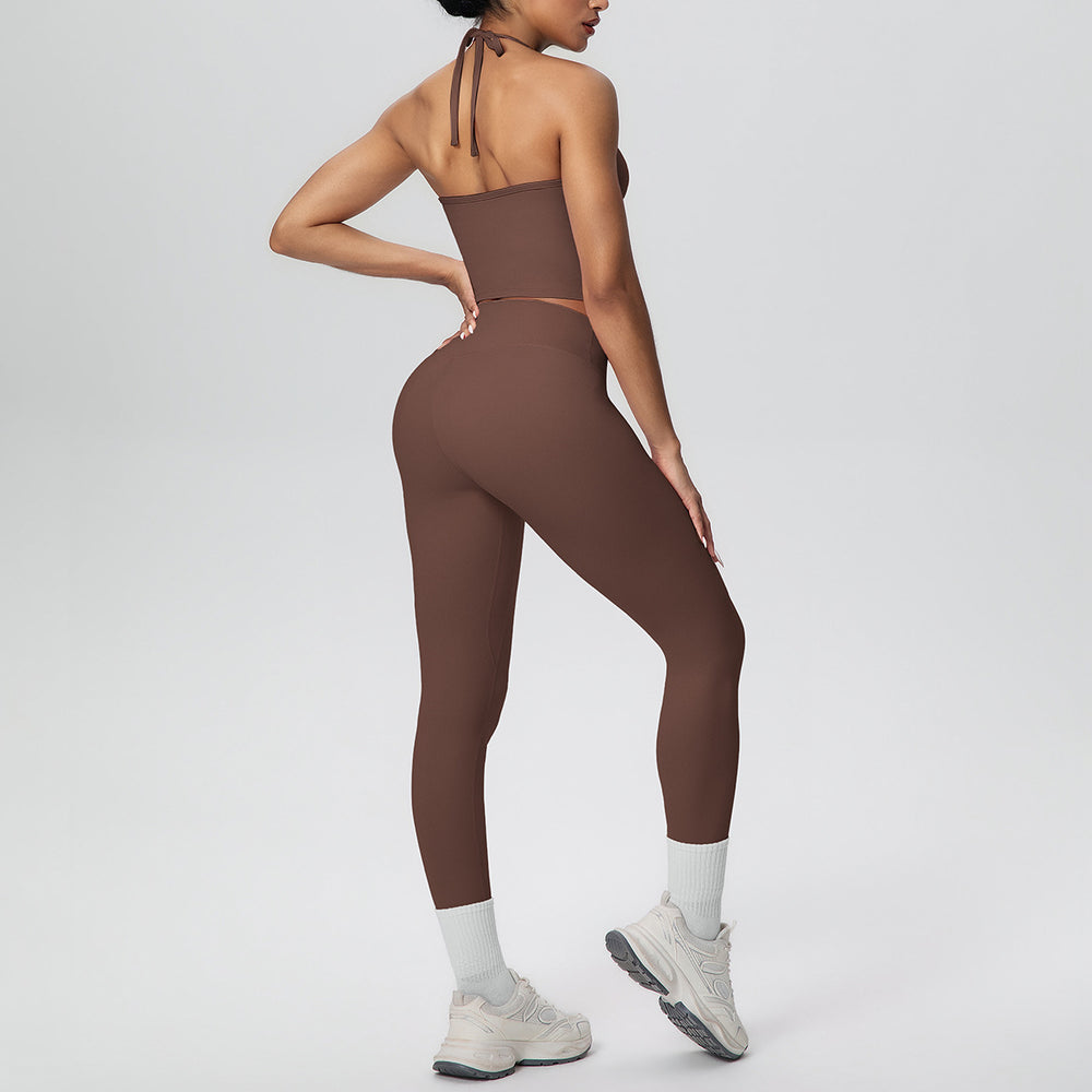New arrival cross-border brushed beautiful back tight strap halter high waist yoga suit sports running fitness two-piece set
