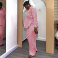 European and american cross-border women's fashion:  autumn new arrival - elegant striped slim-fit long sleeve shirt and high-waisted trousers casual set