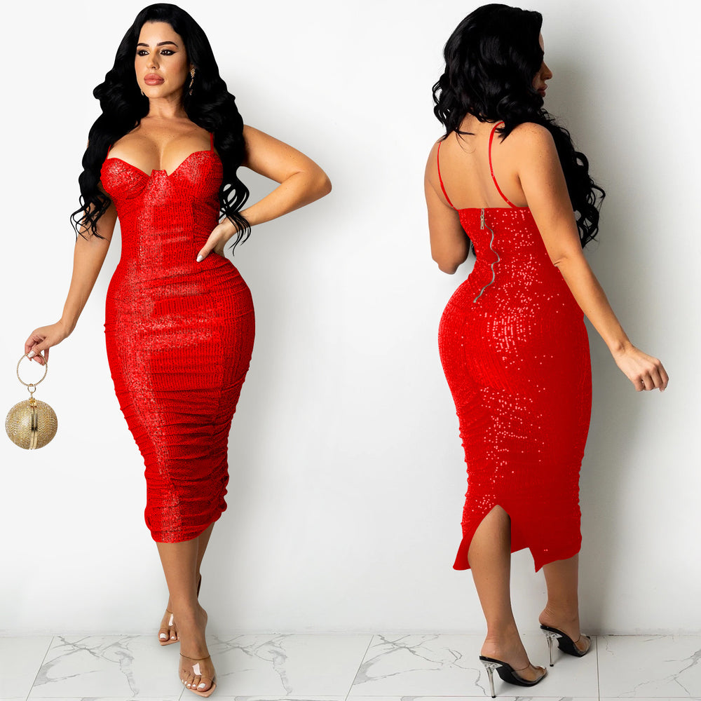 X5387 cross-border new arrival:  fashion european and american nightclub sequin sexy spaghetti strap slit maxi dress for women