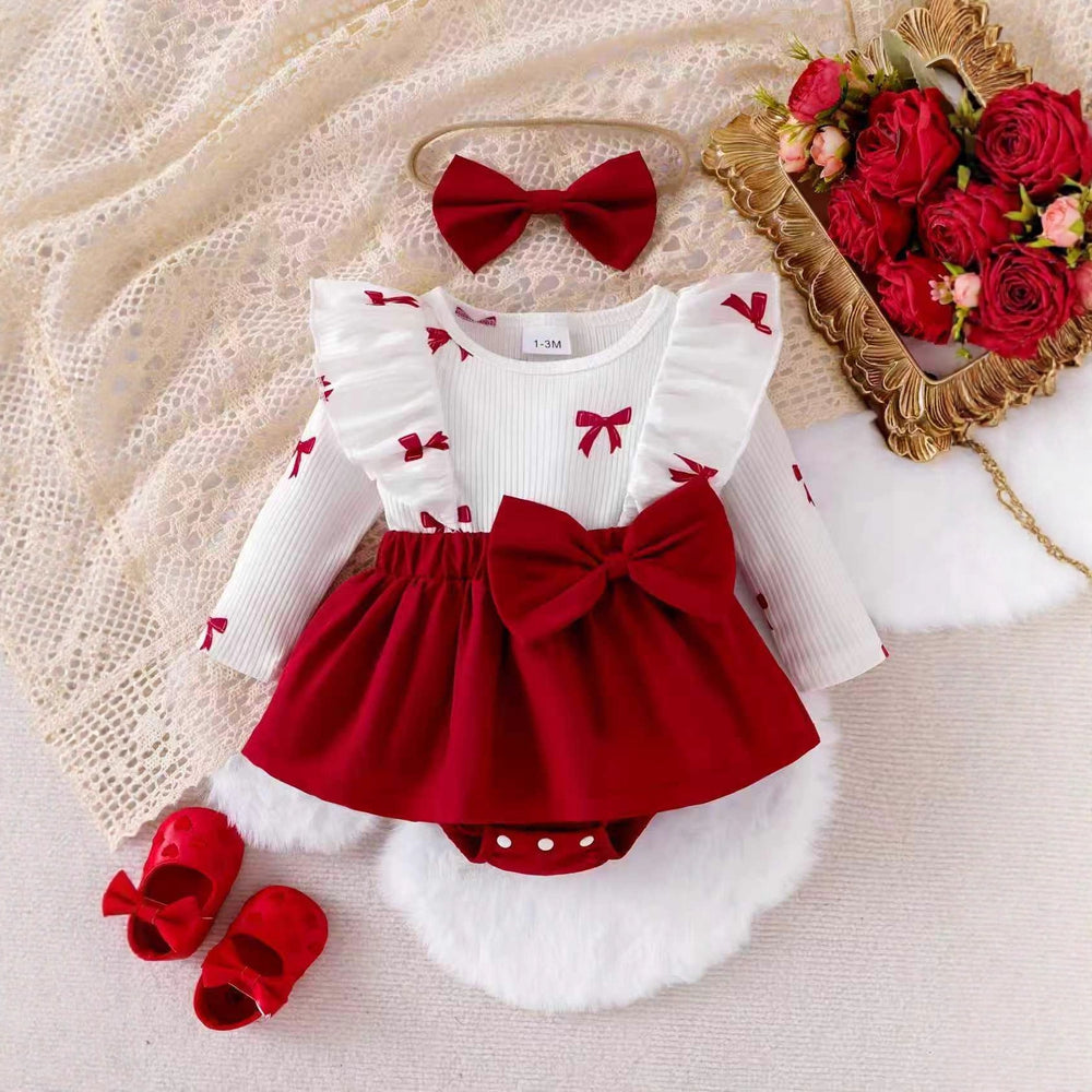 valentine's day sweet & romantic big bow print patchwork girls' cute two-piece dress set