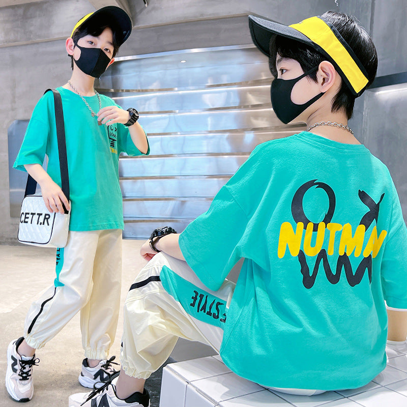 Boys' summer outfit set: trendy  new arrival, stylish summer short-sleeve tracksuit for older boys, street-style fashion brand