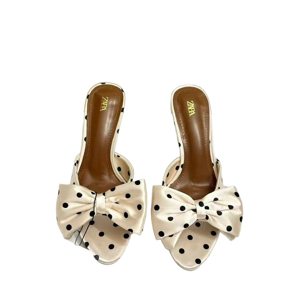 Za fashion casual vacation style women's sandals summer new black and white polka dot bow pointed toe metal chunky heel open toe slides