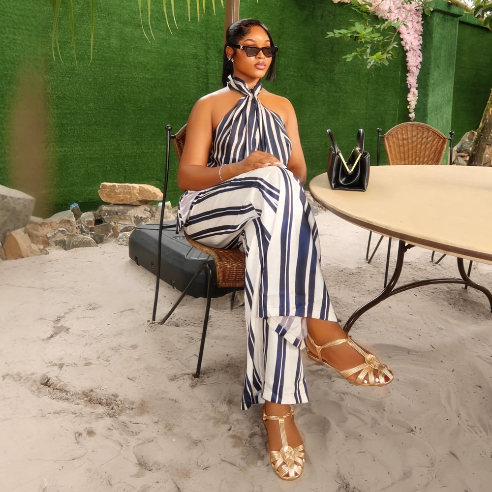 European and american cross-border women's fashion:  summer new collection - stylish and elegant striped sleeveless halter top with high-waisted pants set