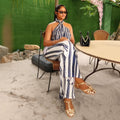 European and american cross-border women's fashion:  summer new collection - stylish and elegant striped sleeveless halter top with high-waisted pants set
