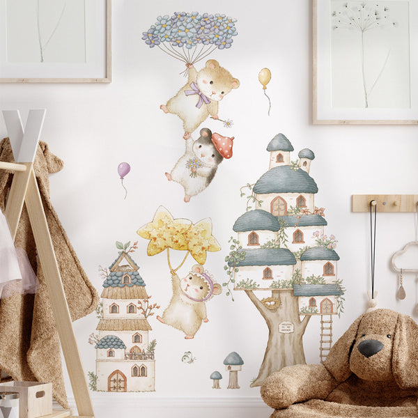 Removable wall sticker Hamster flower pot plant big tree warm small fresh self-adhesive wall sticker bedroom star sticker