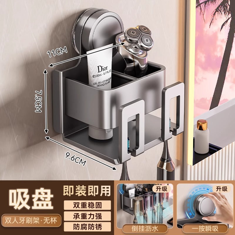 Suction cup toothbrush holder - no drilling required, toothbrush & mouthwash cup organizer, toothpaste dispenser, wall-mounted bathroom storage rack