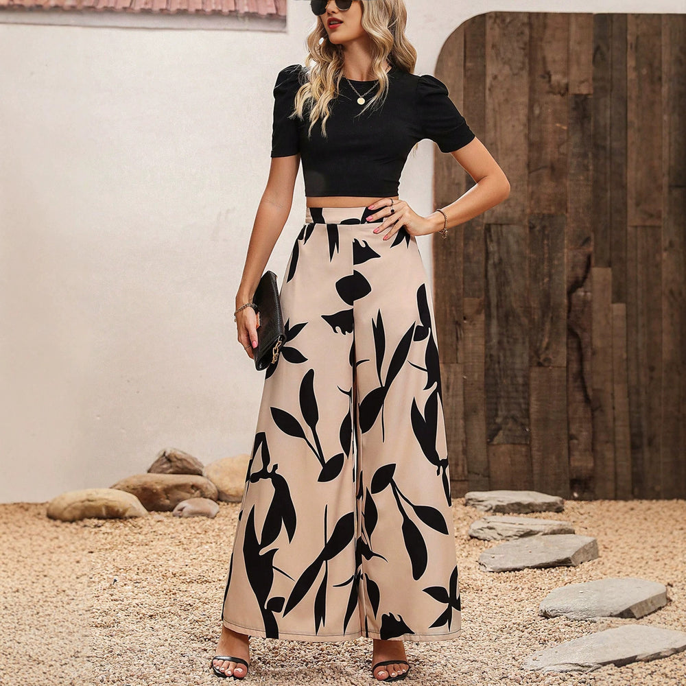 Amazon fashion cross-border women's black puff sleeve cropped top + botanical print wide-leg pant set