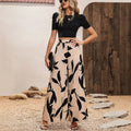 Amazon fashion cross-border women's black puff sleeve cropped top + botanical print wide-leg pant set