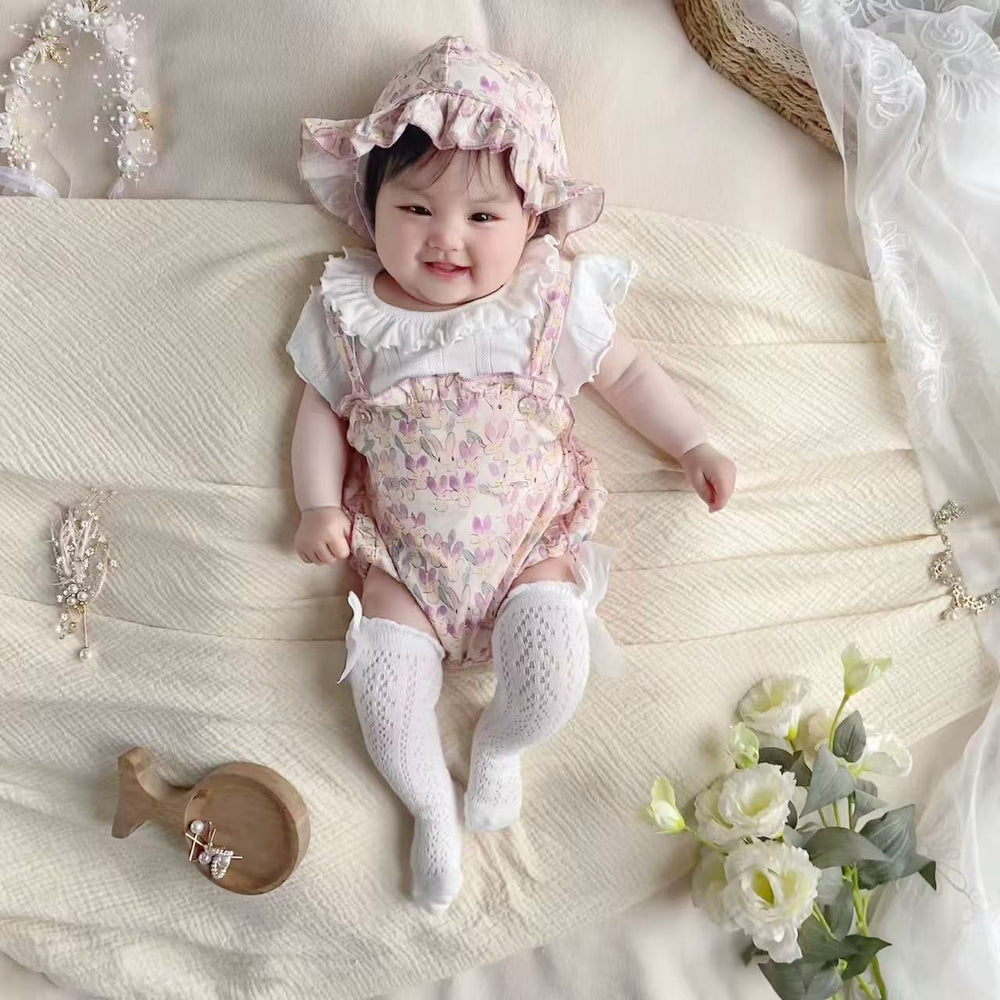 Baby girl summer lightweight romper outfit, floral print bodysuit, infant short-sleeve romper, stylish four-piece set