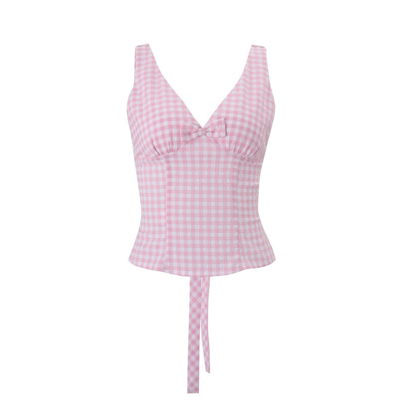 European and american women's clothing  spring new arrivals: fashionable retro fresh plaid sexy deep v backless cinched waist camisole top