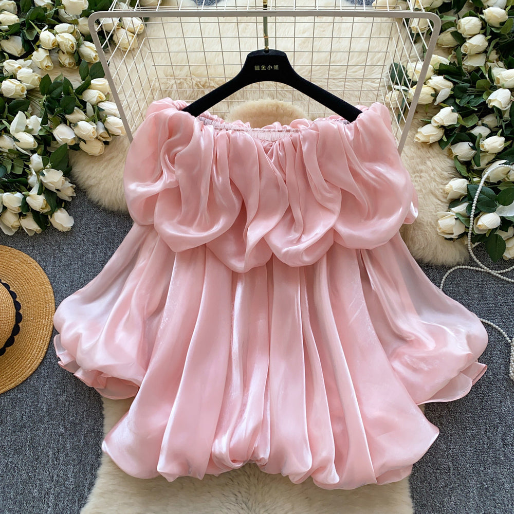 Korean style off-the-shoulder ruffle lantern sleeve blouse - women's spring new arrival, chic, trendy, and versatile pink top for work and casual wear