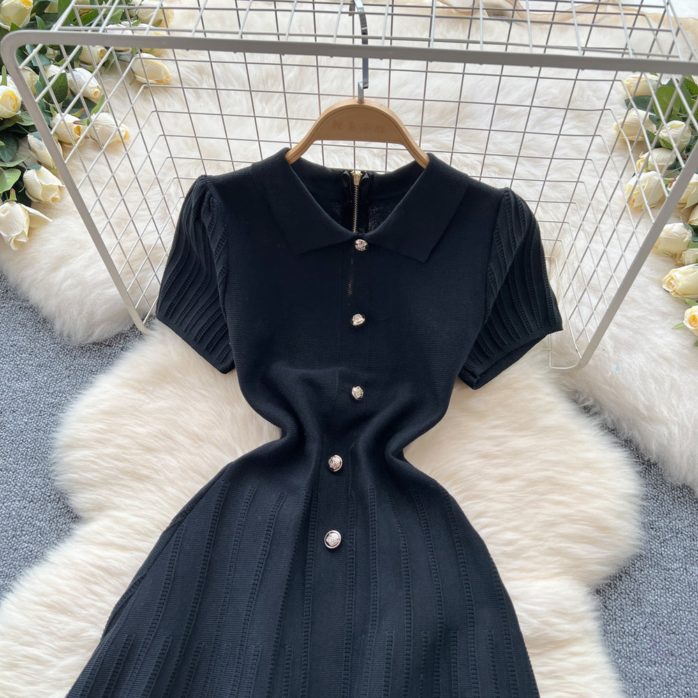 Frenchretro lapel short-sleeved dress female small fragrant style waist slimming lookelegant single-breasted button age-reducing sweater skirt