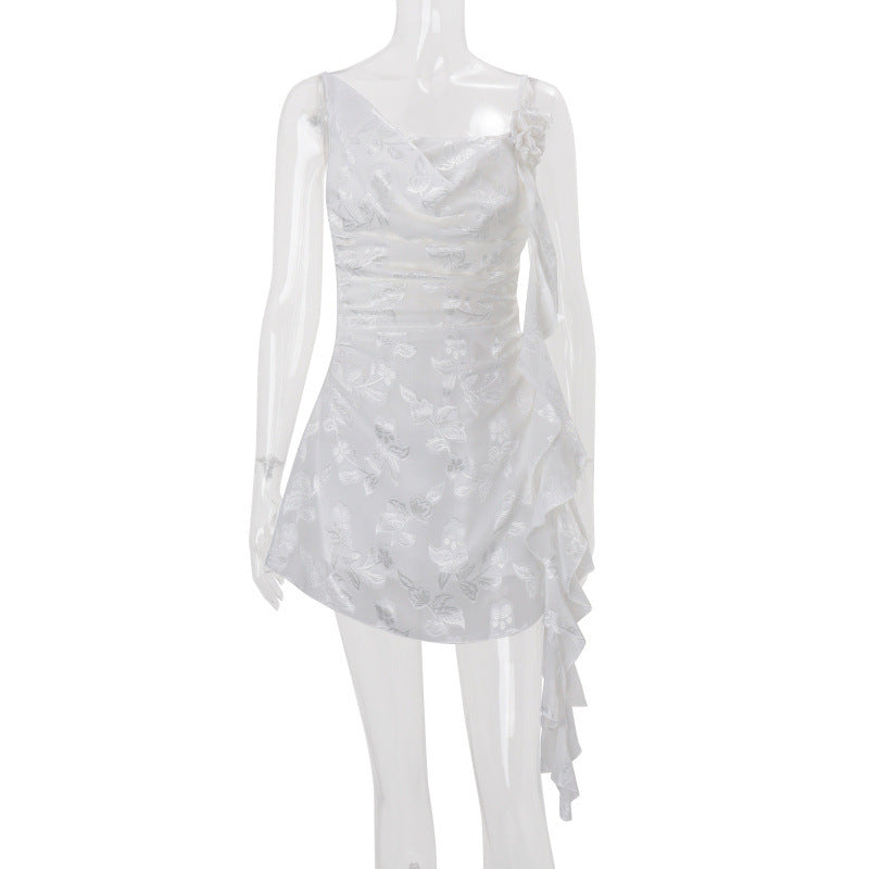 European and american  spring new women's high-end elegant sweet & sultry ribbon-trimmed jacquard cami dress