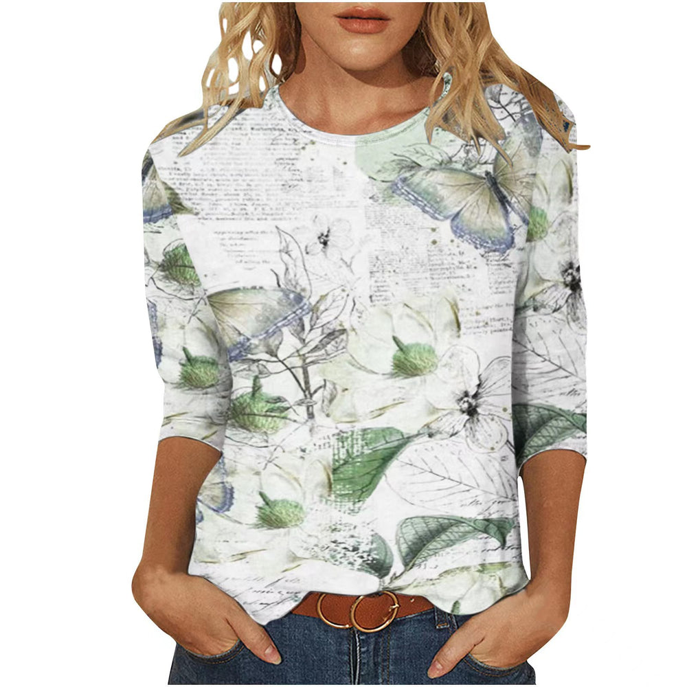 cross-border  women's casual printed crew neck 3/4 sleeve t-shirt top - in stock