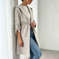 gentle wind hooded mid-long outwear drawstring waist lapel three-quarter rolled sleeves pure color texture