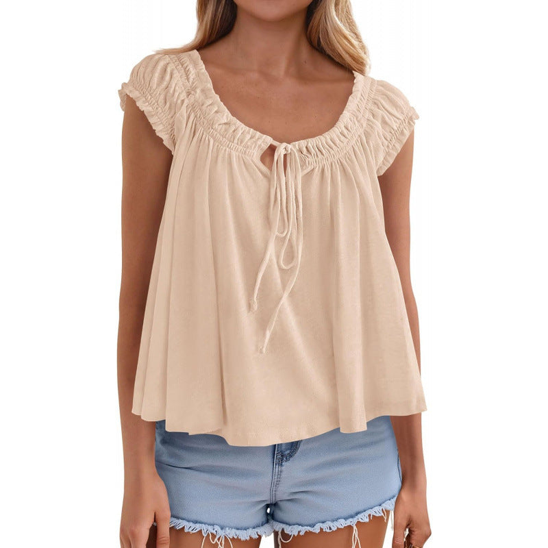 fashioneleganttie backrufflesshirt women's  summer new arrivalfashion pleated tops
