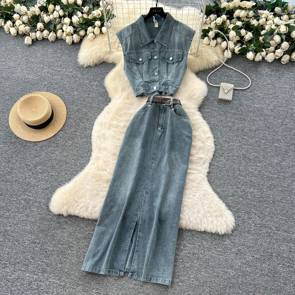 European and american hot girl retro denim set - women's summer sleeveless shirt + high-waisted slit maxi skirt