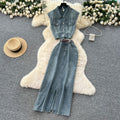 European and american hot girl retro denim set - women's summer sleeveless shirt + high-waisted slit maxi skirt
