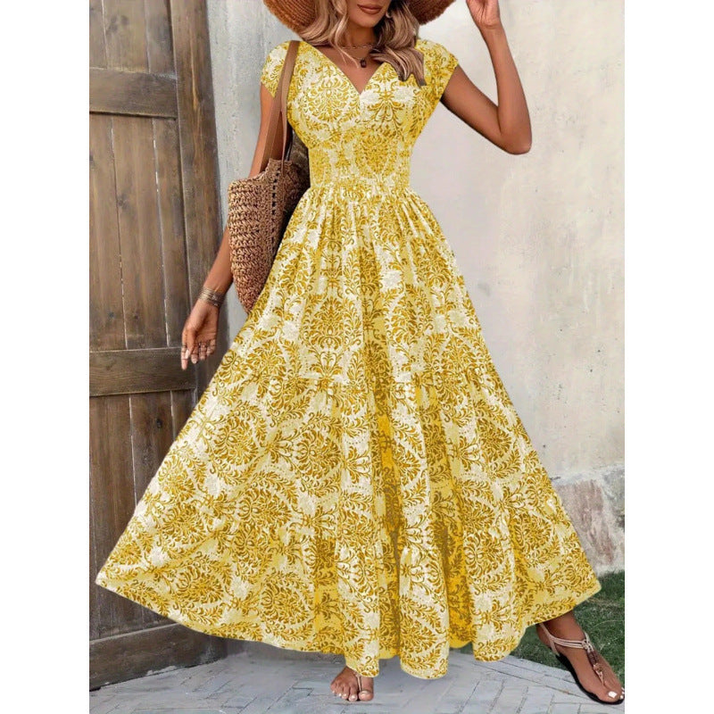 Shipped: bestselling new printed v-neck, cinched-waist maxi dress for independent e-commerce stores – european and american cross-border summer dress