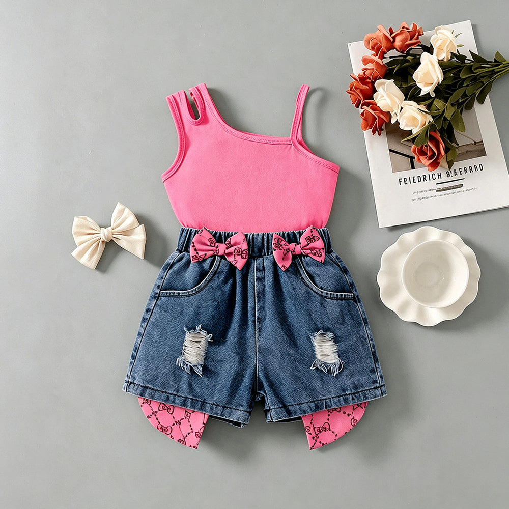 hot-selling girls' designer one-shoulder cami top + bowknot cropped shorts two-piece set