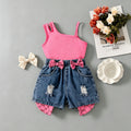 hot-selling girls' designer one-shoulder cami top + bowknot cropped shorts two-piece set