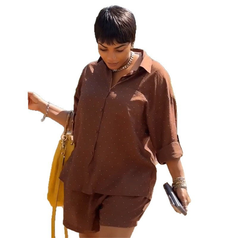 European and american style women's clothing  autumn new collection: sweet and fresh turn-down collar long-sleeve shirt and high-waisted straight-leg shorts two-piece set