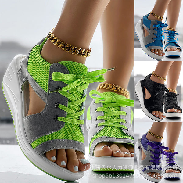LZT5675 spring and summer new muffin sole sandals platform-soled wedge heel breathable rocking shoes women's mesh shoes comfortable sports