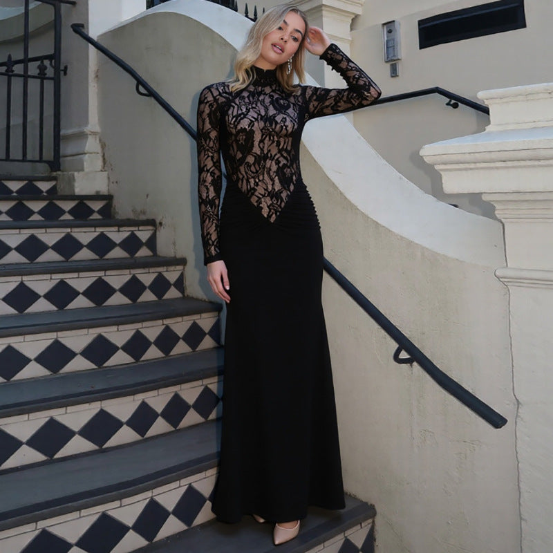 fashion style  spring new arrivalfashionlong sleevescut out breathable lacepatchworksilm hip-hugging dress