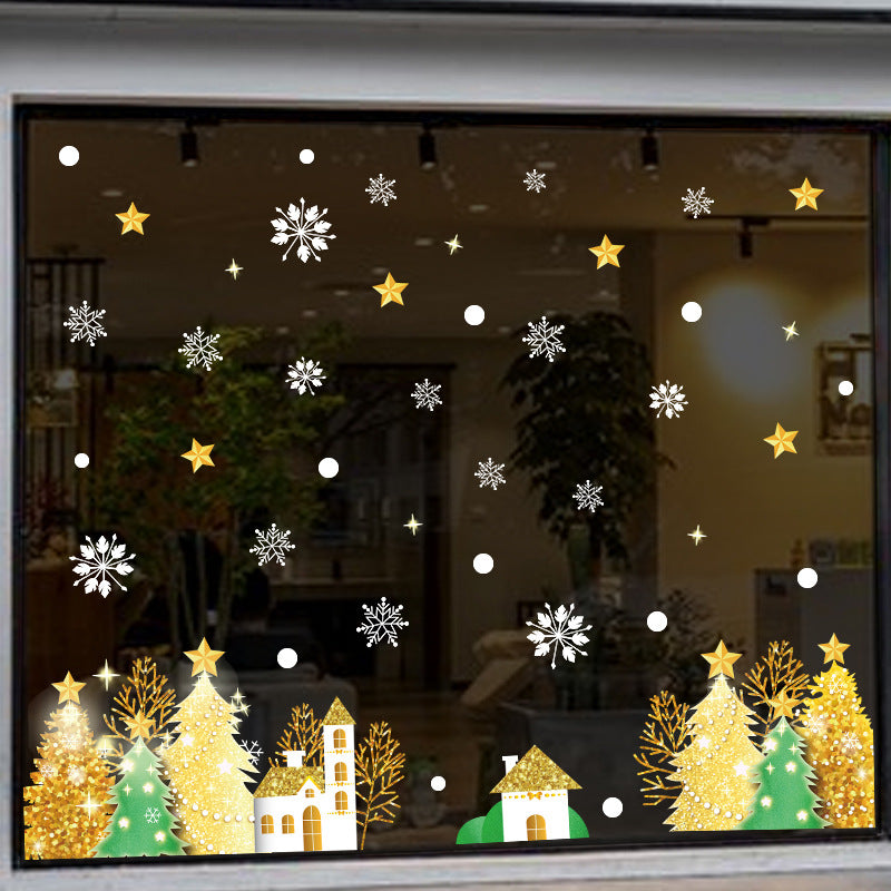 Christmas decoration glass door sticker shop window scene arrangement golden Christmas tree snowflake glue-free static sticker