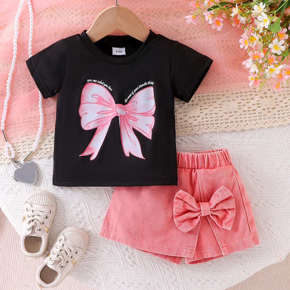 Children's clothingbows black t-shirt + pink skirt suitgirlnew arrival